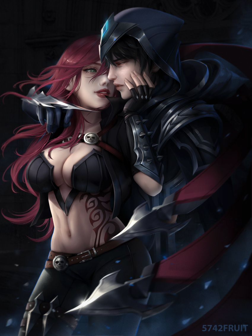 5742fruit absurdres breasts green_eyes highres katarina_(league_of_legends) league_of_legends lips navel necktie provocation redhead talon_(league_of_legends) tattoo yellow_eyes