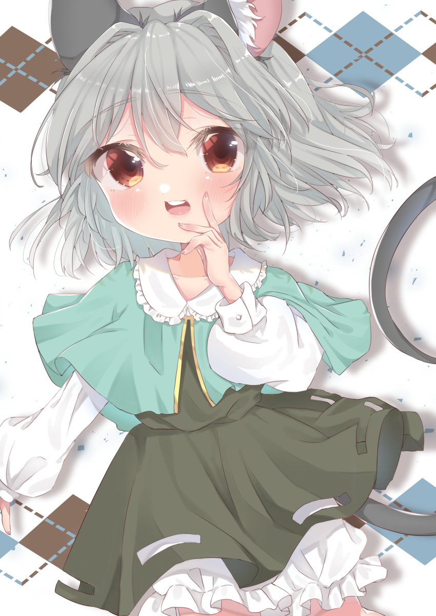 1girl absurdres animal_ear_fluff animal_ears ashino_chimado bangs bloomers blue_capelet blush brown_eyes capelet commentary_request cowboy_shot flat_chest grey_hair grey_skirt grey_vest highres layered_clothes long_sleeves mouse_ears mouse_girl mouse_tail nazrin open_mouth round_teeth shirt short_hair skirt smile solo tail teeth touhou underwear vest white_background white_bloomers white_shirt