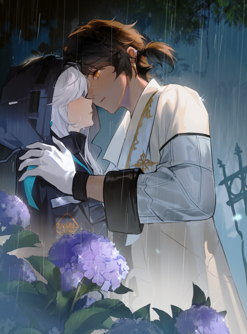 1boy 1girl absurdres arknights bangs blush braid brown_hair coat doctor_(arknights) ear_piercing female_doctor_(arknights) flower gloves hair_over_eyes hand_on_another's_shoulder hetero highres hydrangea imminent_kiss long_hair long_sleeves orange_eyes outdoors parted_bangs piercing rain short_ponytail silver_hair softkittywarmkitty sparkle thorns_(arknights) upper_body white_coat white_gloves