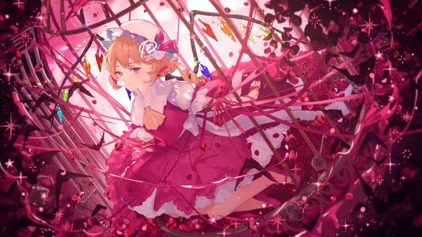 1girl ascot backlighting bangs bat blonde_hair cage closed_mouth crystal drill_hair eyebrows_visible_through_hair flandre_scarlet full_body hamaru_log hat highres light_blush looking_at_viewer mob_cap one_side_up overexposure petticoat pink_eyes puffy_short_sleeves puffy_sleeves red_skirt red_vest short_sleeves skirt smile solo touhou vest wings yellow_ascot