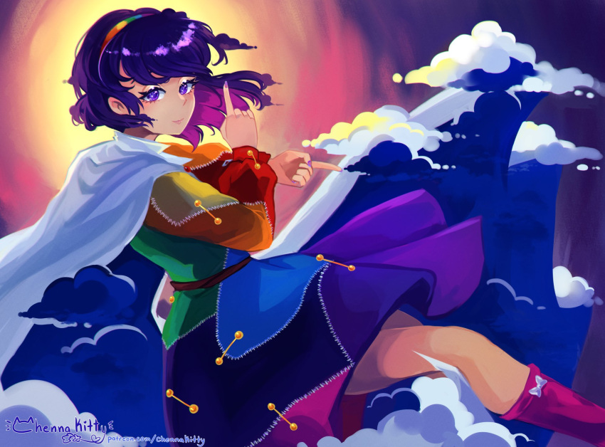 belt boots brown_belt cape chenna clouds commentary dress eyelashes foot_out_of_frame hairband highres knee_boots lips long_sleeves multicolored_clothes multicolored_dress multicolored_hairband patchwork_clothes pointing purple_footwear purple_hair purple_nails rainbow_gradient short_hair sky_print smile tenkyuu_chimata touhou violet_eyes zipper