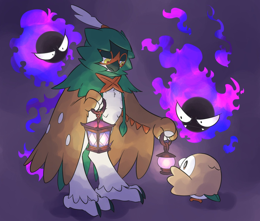 closed_mouth commentary decidueye fangs fangs_out frown gastly highres holding holding_lantern lantern looking_down no_humans pkpokopoko3 pokemon pokemon_(creature) purple_background red_pupils rowlet simple_background standing yellow_eyes