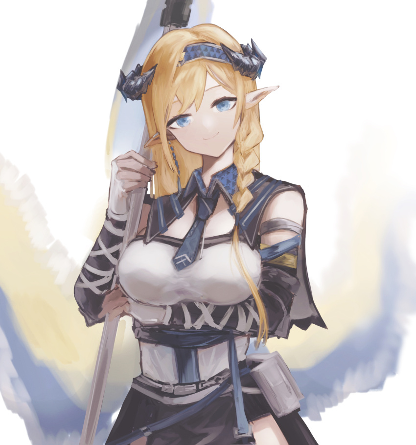 1girl aiv arknights arm_under_breasts banner bare_shoulders black_skirt blonde_hair blue_eyes blue_hairband braid breasts closed_mouth cowboy_shot detached_sleeves dragon_horns fingerless_gloves gloves hairband highres holding horns large_breasts long_hair long_sleeves looking_at_viewer pointy_ears pouch saileach_(arknights) side_braid simple_background skirt smile solo white_background white_gloves