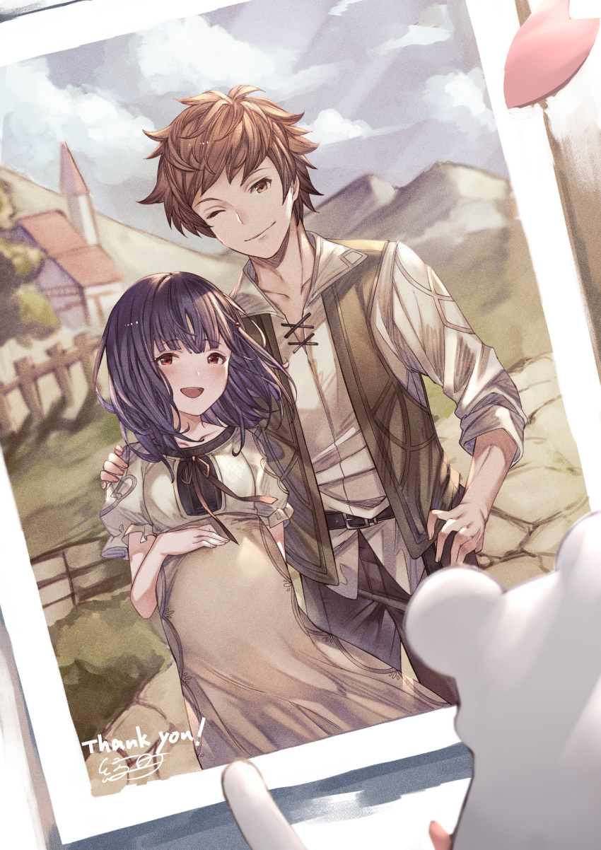 absurdres ayacho belt black_hair gran_(granblue_fantasy) granblue_fantasy hand_on_another's_shoulder highres house mountain mouse one_eye_closed photo_(object) pregnant red_eyes vest vikala_(granblue_fantasy)