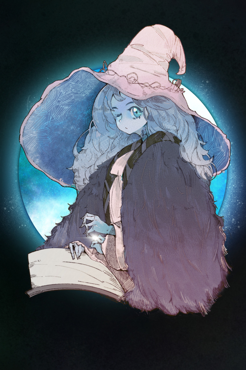 1girl blue_eyes blue_hair blue_skin colored_skin elden_ring extra_arms fur_coat hat highres lin_hai long_hair looking_at_viewer moon night night_sky one_eye_closed ranni_the_witch robe sky solo wavy_hair white_robe witch witch_hat