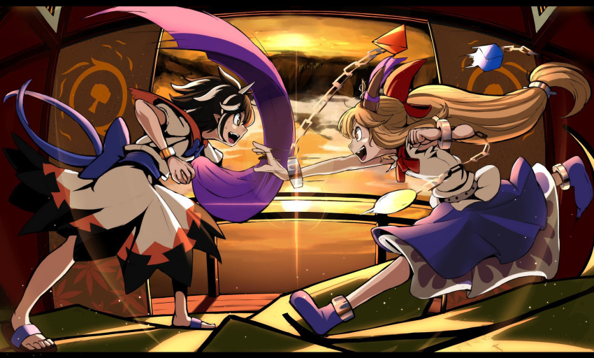 2girls balcony black_dress black_hair blue_bow bow clouds cuffs door dress epic_armageddon from_side hair_bow highres horn_bow horn_ornament horn_ribbon horns ibuki_suika indoors kijin_seija long_hair looking_at_another multicolored_clothes multicolored_dress multicolored_hair multiple_girls oni open_mouth orange_hair pointy_ears red_dress ribbon shackles short_hair skirt sky streaked_hair sun sunset torn_clothes torn_sleeves touhou white_dress white_hair youkai