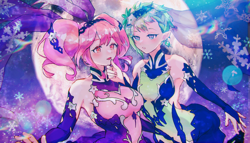 2girls absurdres blue_eyes breasts brown_eyes collarbone couple detached_sleeves dress earrings green_dress green_hair hair_behind_ear halter_dress halterneck hand_on_another's_chin highres jewelry m_rgfn macross macross_delta macross_delta:_zettai_live!!!!!! makina_nakajima medium_breasts moon multiple_girls parted_lips pink_dress pink_hair pointy_ears reina_prowler single_earring small_breasts snowflakes twintails yuri