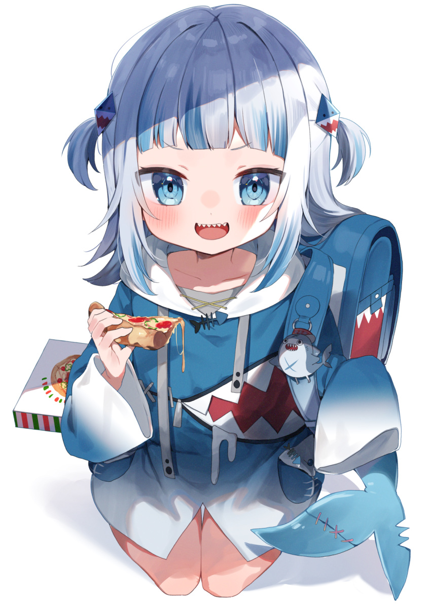 1girl :d backpack bag bangs bloop_(gawr_gura) blue_eyes blue_hair blue_hoodie blush food gawr_gura hair_ornament highres holding holding_food hololive hololive_english hood hoodie long_sleeves looking_at_viewer multicolored_hair noi_mine pizza pizza_slice shadow shark_hair_ornament sharp_teeth silver_hair simple_background smile solo streaked_hair teeth two-tone_hair two_side_up upper_teeth virtual_youtuber white_background