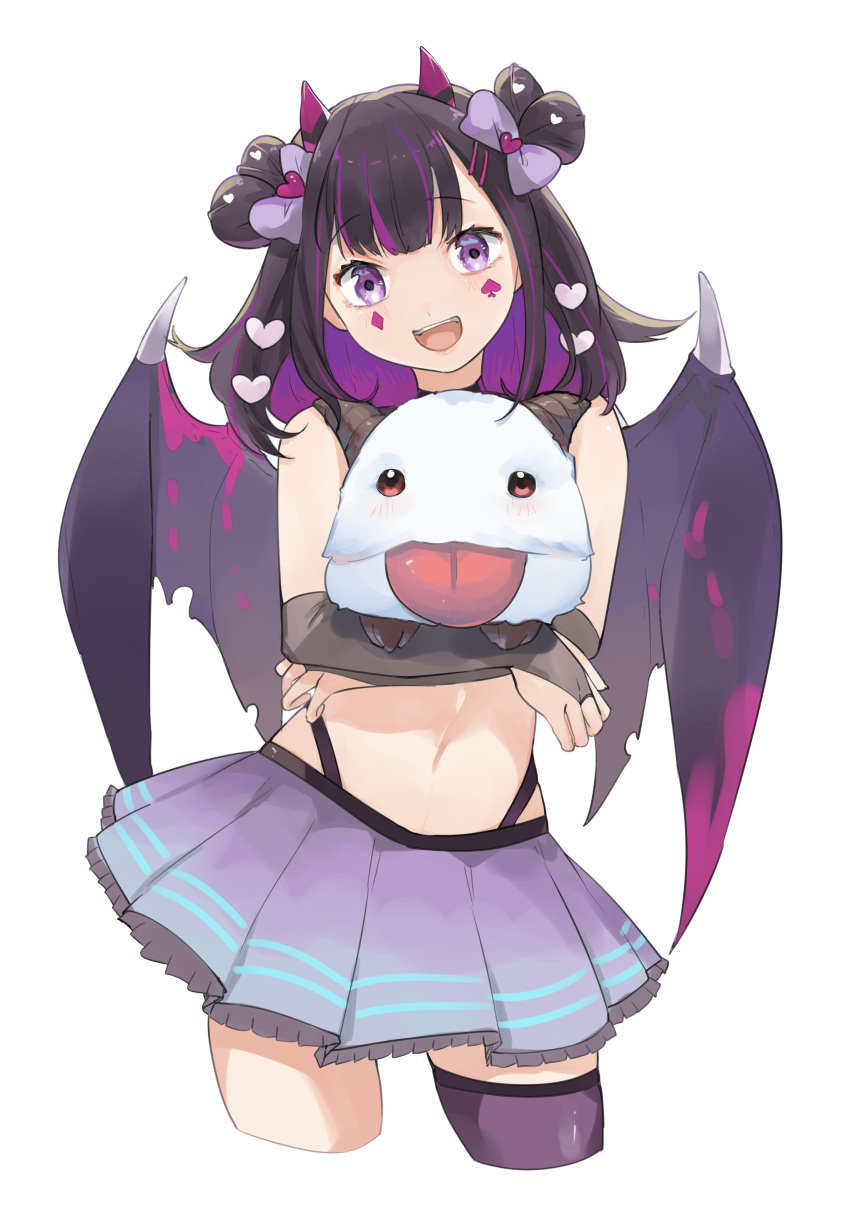 1girl :d absurdres bare_shoulders black_choker black_hair bow bridal_gauntlets choker colored_inner_hair crop_top cropped_legs demon_girl demon_horns demon_wings dongbu facial_mark hair_bow hair_rings highleg highres horns indie_virtual_youtuber league_of_legends looking_at_viewer midriff miniskirt multicolored_hair navel pleated_skirt poro_(league_of_legends) purple_legwear purple_skirt revealing_clothes short_hair single_thighhigh skirt sleeveless smile solo stomach streaked_hair thigh-highs two-tone_hair violet_eyes virtual_youtuber wings