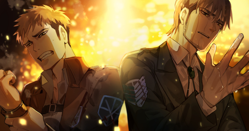1boy absurdres bangs brown_hair chest_belt clenched_teeth collared_jacket collared_shirt from_below highres jean_kirchstein long_sideburns male_focus multicolored_hair open_hands paradis_military_uniform picube525528 scene_reference shingeki_no_kyojin shirt short_hair sideburns teeth two-tone_hair undershirt wet wet_hair
