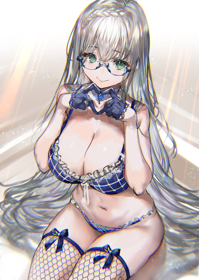 1girl braid breasts choker eyebrows_visible_through_hair fishnets frills from_above glasses gloves green_eyes hair_between_eyes heart heart_hands highres large_breasts long_hair looking_up navel original pale_skin ran'ou_(tamago_no_kimi) semi-rimless_eyewear silver_hair sitting smile solo thigh-highs
