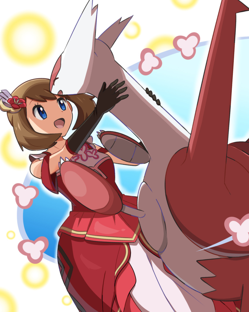 1girl :d bangs bare_shoulders black_gloves blue_eyes brown_hair claws commentary_request dress eyelashes gloves hair_ornament hands_up highres latias may_(pokemon) medium_hair official_alternate_costume open_mouth pokemon pokemon_(game) pokemon_masters_ex red_dress saon101 smile tongue