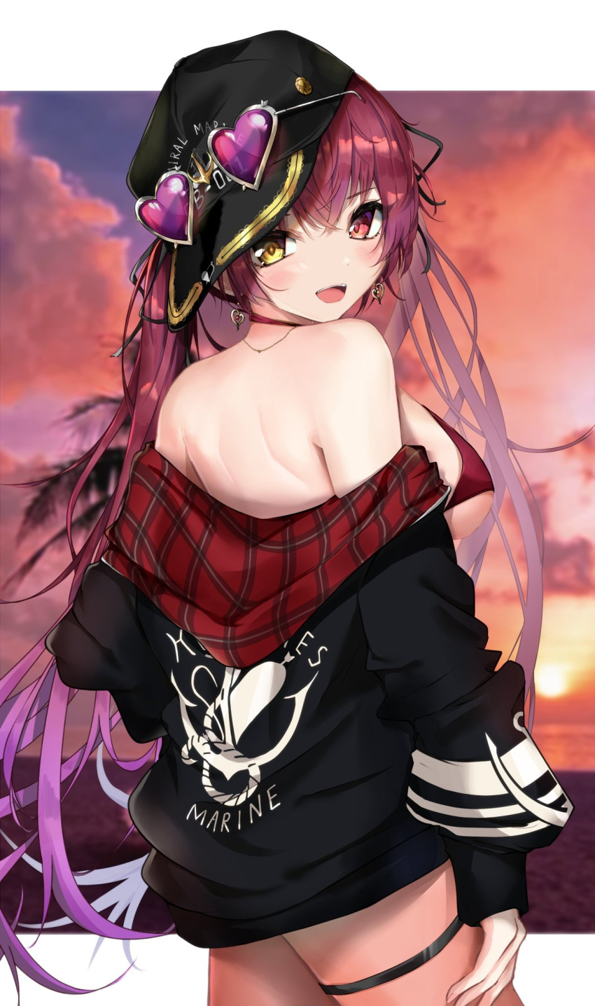 1girl back backwards_hat bangs bare_shoulders bikini black_headwear black_jacket blurry blurry_background breasts earrings eyebrows_visible_through_hair eyewear_on_headwear hair_ribbon hat heart heart-shaped_eyewear heterochromia highres hololive houshou_marine jacket jewelry large_breasts letterboxed long_hair long_sleeves looking_at_viewer looking_back off_shoulder official_alternate_costume outdoors plaid red_bikini red_eyes redhead ribbon rudo_(rudorudo0917) sideboob smile solo sunset swimsuit thigh_strap thighs twintails virtual_youtuber yellow_eyes