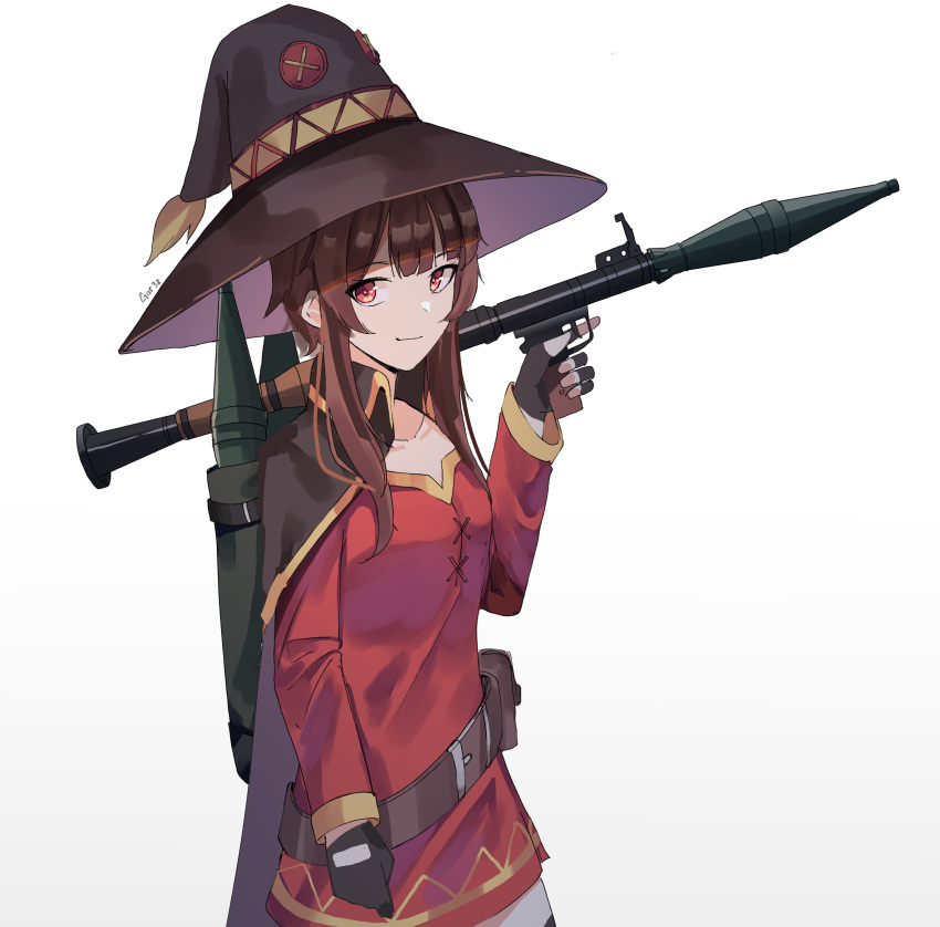 1girl absurdres bangs black_cape black_gloves black_headwear brown_background brown_hair cape closed_mouth collarbone commentary dress english_commentary eyebrows_visible_through_hair fingerless_gloves gar32 gloves gradient gradient_background gun hat highres holding holding_gun holding_weapon kono_subarashii_sekai_ni_shukufuku_wo! long_hair looking_at_viewer megumin red_dress red_eyes rocket_launcher rpg rpg-7 sidelocks signature smile solo trigger_discipline weapon white_background witch_hat