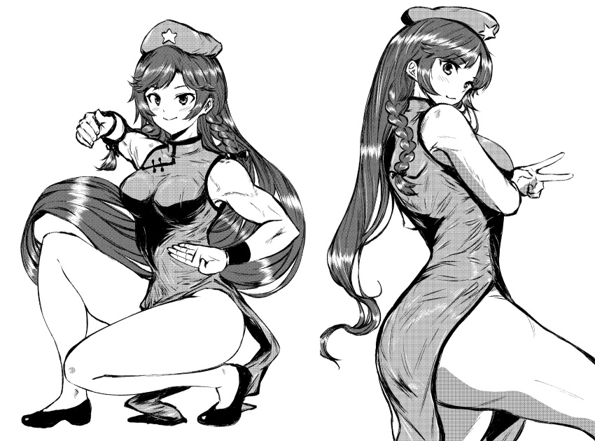 1girl :/ absurdres bangs beret bow braid breasts china_dress chinese_clothes closed_mouth commentary_request cowboy_shot dress dual_persona fighting_stance from_side greyscale hair_bow hair_ribbon hat hat_ornament head_tilt highres hong_meiling large_breasts light_smile long_hair looking_at_viewer medium_breasts monochrome muscular muscular_female parted_bangs ribbon sen_(daydream_53) side_braid side_slit simple_background sleeveless solo squatting standing star_(symbol) star_hat_ornament swept_bangs thighs toned touhou tress_ribbon v very_long_hair white_background wristband