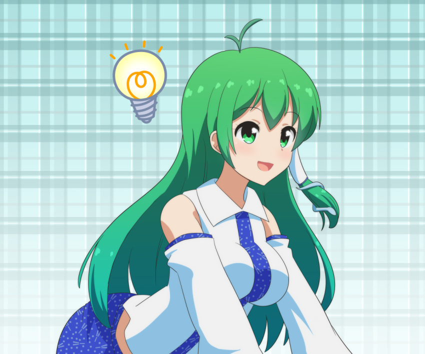 1girl ahoge bangs bare_shoulders blue_background blue_skirt blush breasts cato_(monocatienus) collared_shirt commentary_request detached_sleeves eyebrows_visible_through_hair gradient gradient_background green_eyes green_hair hair_between_eyes hair_ornament hair_tubes kochiya_sanae lamp large_breasts long_hair long_sleeves looking_to_the_side open_mouth plaid plaid_background shirt skirt smile snake_hair_ornament solo standing touhou white_shirt wide_sleeves