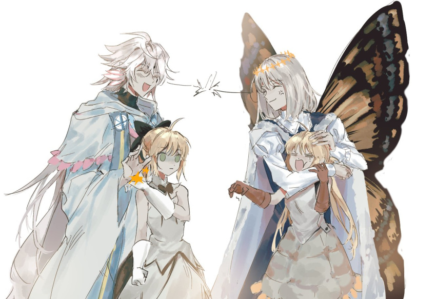 2boys 2girls ahoge anger_vein artoria_pendragon_(caster)_(fate) artoria_pendragon_(fate) blonde_hair brown_gloves butterfly_wings cape dress empty_eyes fate/grand_order fate_(series) gloves long_hair merlin_(fate) multiple_boys multiple_girls oberon_(fate) ponytail robe saber_lily ss_un17 white_background white_dress white_gloves white_hair wings