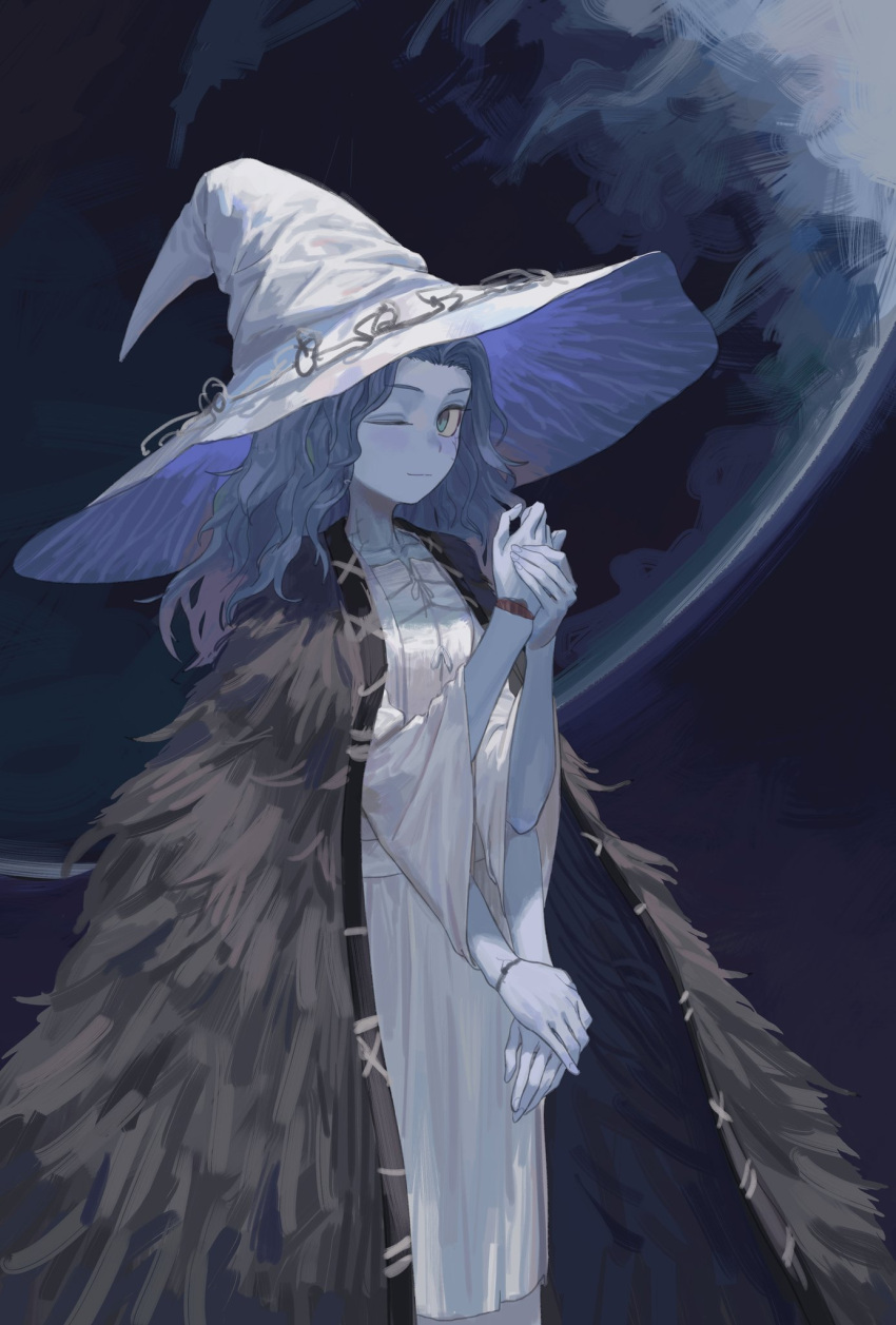 1girl blue_background blue_eyes blue_hair blue_skin blue_theme bracelet cape colored_skin dress elden_ring extra_arms feet_out_of_frame from_side fur_cape hands_up hat highres jewelry long_hair max-k moon night one_eye_closed own_hands_together ranni_the_witch solo standing wavy_hair white_dress witch_hat