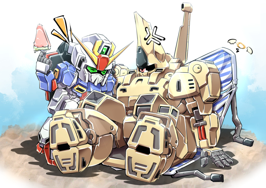 angel_wings anger_vein beach_chair blue_sky broken check_commentary chibi closed_eyes colored_sclera commentary_request food green_sclera gundam halo highres mecha melting mobile_suit no_humans one-eyed pink_eyes popsicle sd_gundam sibelurabbi sitting sky summer tears the_o v-fin watermelon_bar wings zeta_gundam zeta_gundam_(mobile_suit)