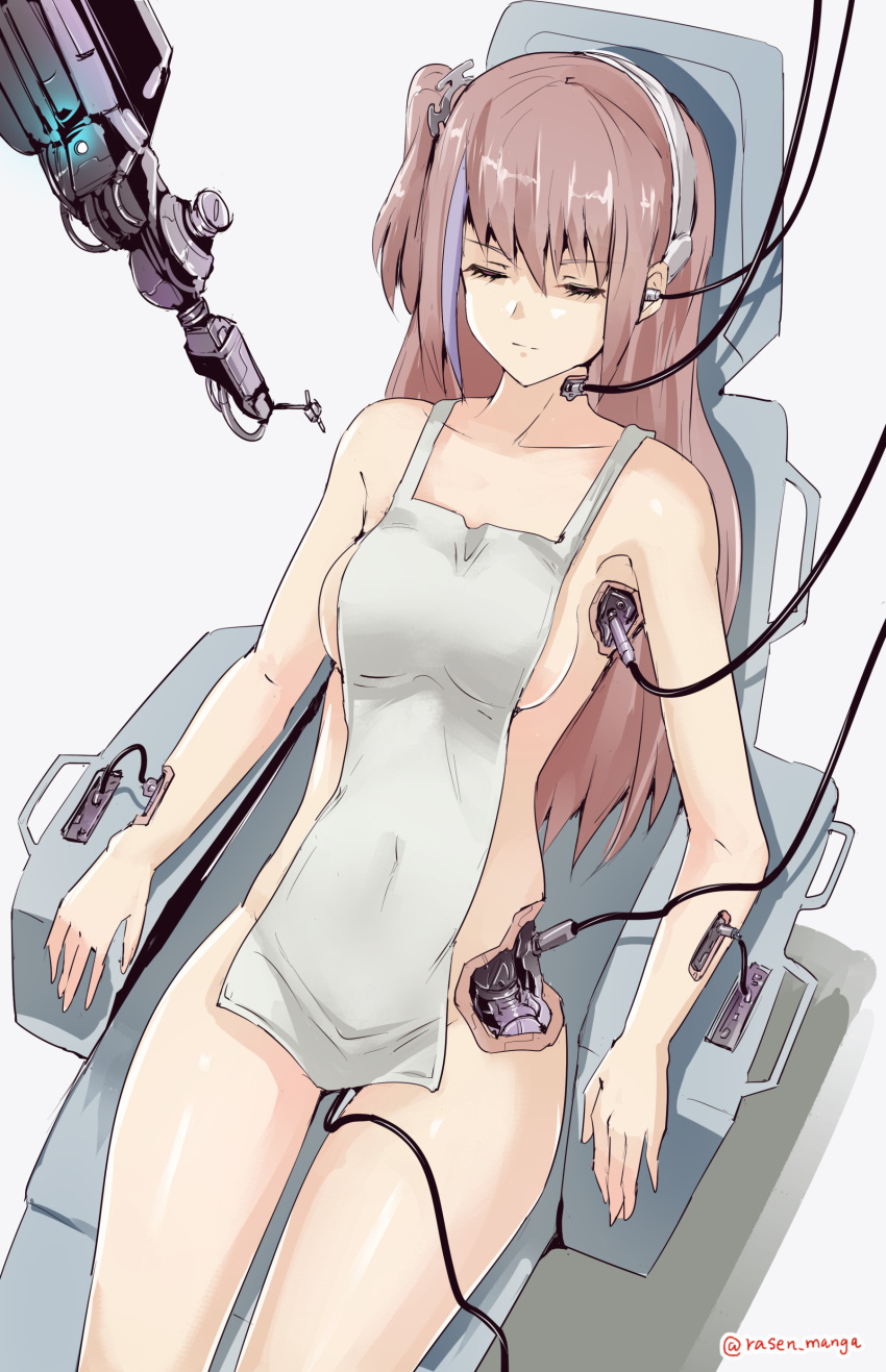 1girl absurdres apron breasts brown_hair closed_eyes damaged expressionless girls_frontline highres long_hair mechanical_arms mechanical_parts medium_breasts rasen_manga single_mechanical_arm solo st_ar-15_(girls'_frontline) thighs twitter_username white_apron white_background wire