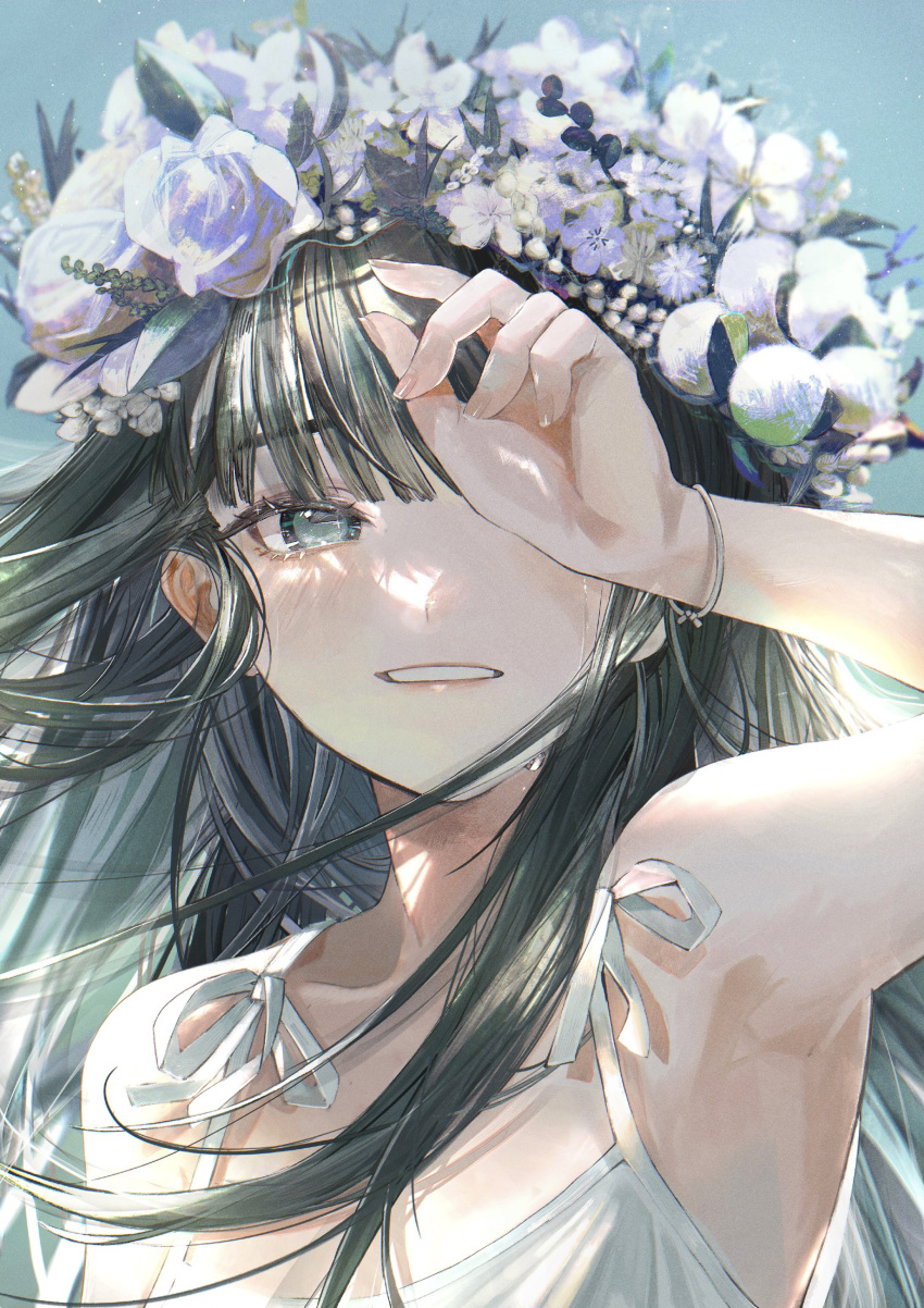 1girl absurdres bare_shoulders commentary_request covering_eyes day flower hair_flower hair_ornament hands_on_own_face highres light_rays looking_at_viewer original outdoors straight-on sunlight sushineko8 teeth upper_body