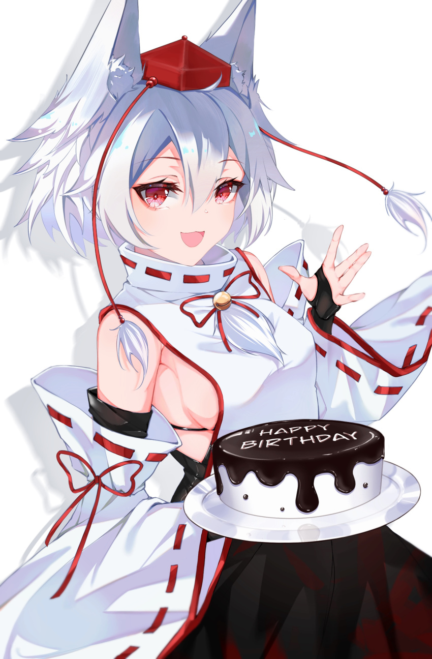 1girl :3 :d \||/ absurdres animal_ear_fluff animal_ears bangs breasts bridal_gauntlets cake detached_sleeves eyebrows_visible_through_hair food hair_between_eyes hand_up happy_birthday hat highres holding holding_cake holding_food inubashiri_momiji light_blush long_sleeves open_mouth red_headwear ringo_no_usagi_(artist) short_hair sideboob simple_background smile solo tail tokin_hat touhou white_background white_hair wide_sleeves wolf_ears wolf_tail