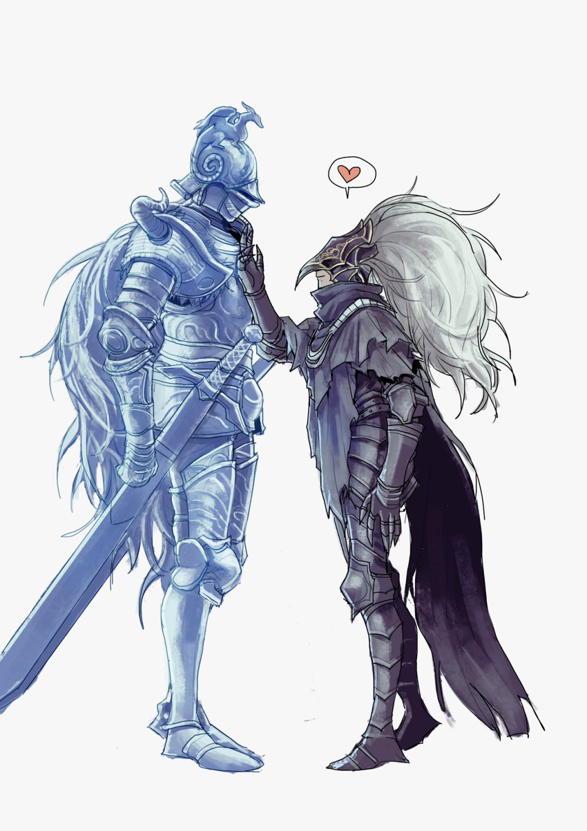 2boys armor banished_knight_oleg cape closed_mouth elden_ring full_armor gauntlets greaves heart height_difference highres long_hair metal_boots multiple_boys plume simple_background smile spoken_heart sword tarnished_(elden_ring) tworain_w very_long_hair weapon white_background