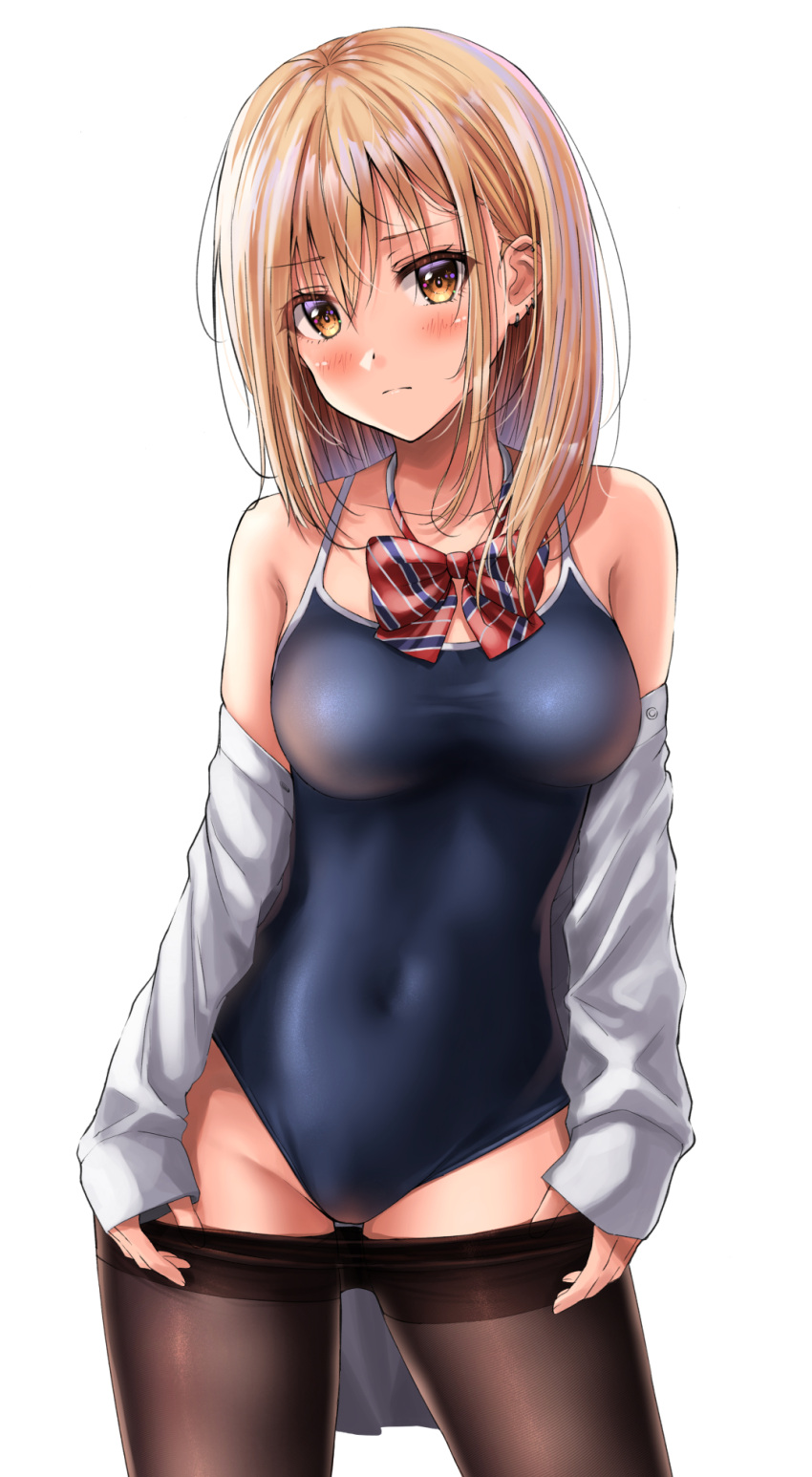 1girl bangs bare_shoulders blonde_hair blue_swimsuit blush bow bowtie breasts brown_eyes brown_legwear clothes_pull collarbone competition_school_swimsuit contrapposto covered_navel cowboy_shot dress_shirt earrings fine_fabric_emphasis frown hair_between_eyes highres hoop_earrings jewelry long_sleeves looking_at_viewer medium_breasts medium_hair off_shoulder one-piece_swimsuit original pantyhose pantyhose_pull pulled_by_self red_bow red_bowtie school_swimsuit shiny shiny_clothes shiny_legwear shirt sleeves_past_wrists solo standing striped striped_bow striped_bowtie swimsuit taut_clothes taut_swimsuit white_shirt yukemuriganmo