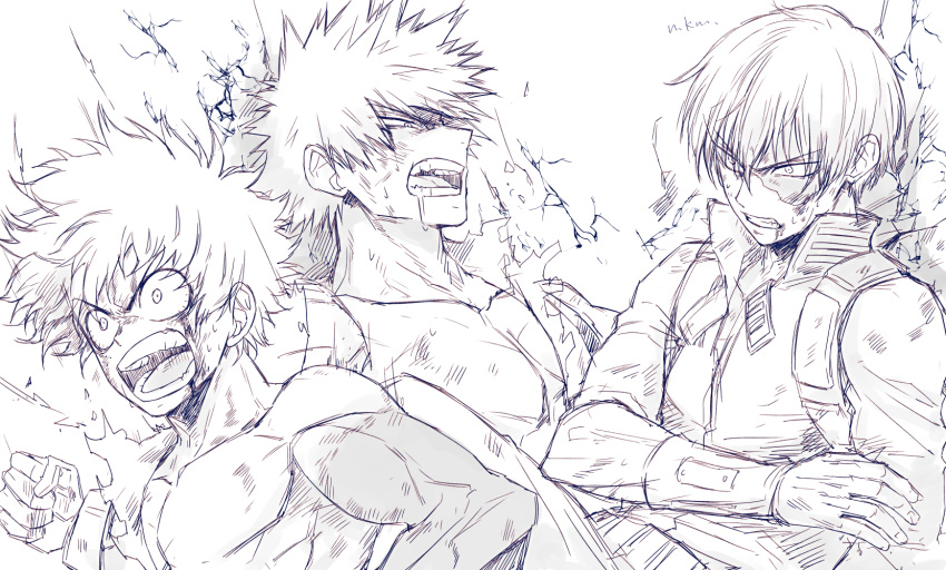 bakugou_katsuki blood blood_on_face boku_no_hero_academia clenched_hand clenched_teeth collar collarbone freckles greyscale highres midoriya_izuku mkm_(mkm_storage) monochrome multiple_boys open_mouth profile saliva scar scar_on_face signature simple_background spiky_hair teeth todoroki_shouto toned toned_male v-shaped_eyebrows white_background