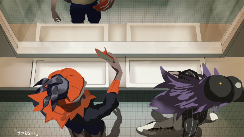 2boys bathroom black_hair black_headwear comanie dark-skinned_male dark_skin from_above hidden_face highres holding holding_phone horror_(theme) leon_(pokemon) mirror multiple_boys phone pokemon pokemon_(game) pokemon_swsh purple_hair raihan_(pokemon) rotom rotom_phone tiles