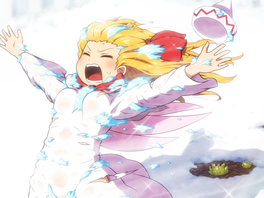 1girl bangs blonde_hair breasts commentary_request dress fairy_wings hair_ribbon lily_white long_hair long_sleeves lower_teeth no_hat no_headwear open_mouth outstretched_arms plant protecting red_ribbon ribbon shirosato small_breasts snow snowstorm solo standing sweatdrop teeth tongue torn_clothes touhou upper_teeth white_dress wind wings