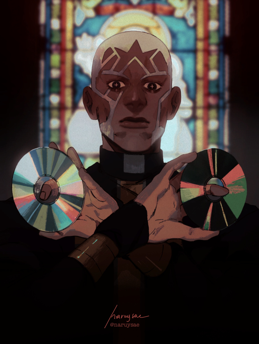 +_+ 1boy cd closed_mouth dark-skinned_male dark_skin enrico_pucci highres holding_cd jojo_no_kimyou_na_bouken long_sleeves looking_at_viewer male_focus naruysae short_hair sideburns signature solo stone_ocean twitter_username upper_body very_short_hair white_hair x_arms