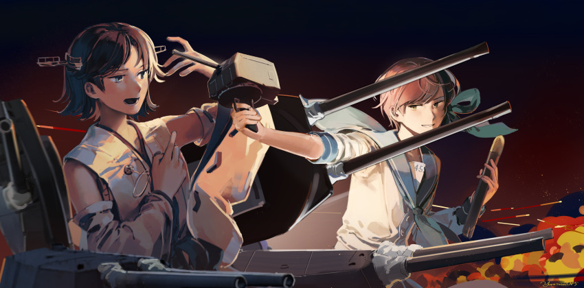 2girls absurdres adapted_turret blue_eyes brown_hair cannon detached_sleeves flipped_hair green_eyes hairband headgear hiei_(kancolle) hiei_kai_ni_(kancolle) highres holding holding_torpedo japanese_clothes kantai_collection mecha_musume multiple_girls nontraditional_miko original personification ribbon-trimmed_sleeves ribbon_trim rigging short_hair short_sleeves torpedo turret uss_laffey_(dd-459) wide_sleeves yorktown_cv-5