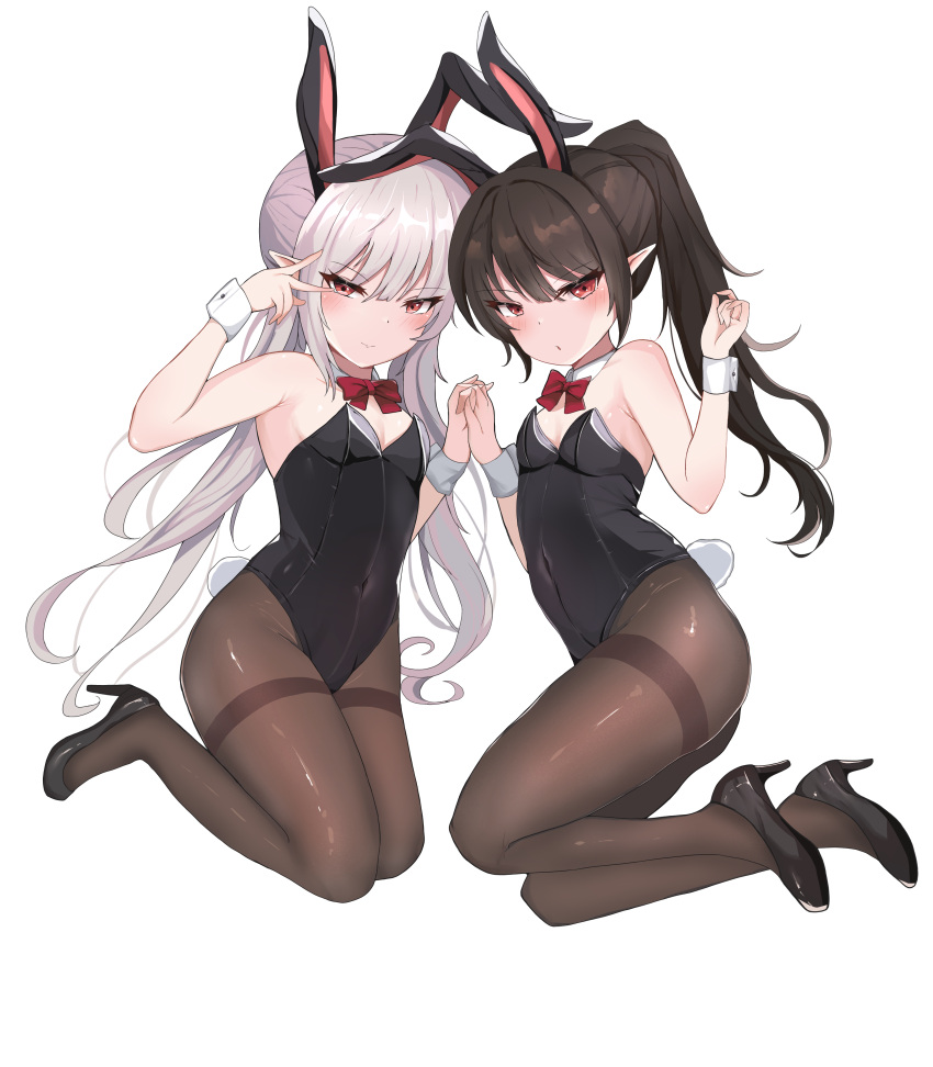2girls absurdres animal_ears black_hair black_legwear black_leotard bow bowtie breasts commentary covered_navel detached_collar full_body highres holding_hands laaaan leotard long_hair multiple_girls original pantyhose playboy_bunny pointy_ears ponytail rabbit_ears rabbit_tail red_bow red_bowtie redhead silver_hair simple_background small_breasts strapless strapless_leotard symbol-only_commentary tail thighband_pantyhose v white_background wrist_cuffs