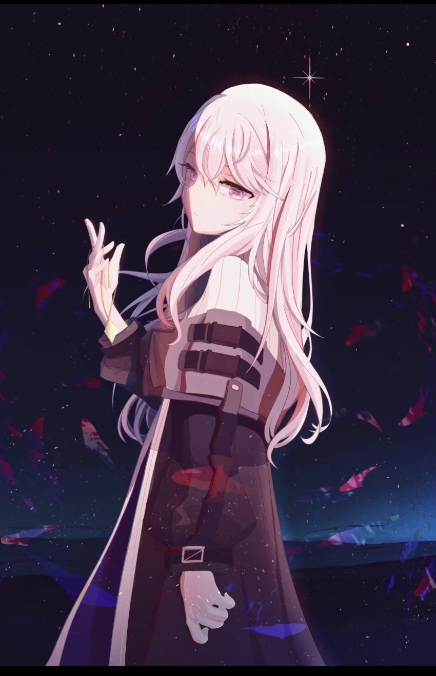 1girl arknights buckle crying dress fish from_side frown hair_between_eyes highres holding holding_jewelry holding_necklace horizon jewelry long_hair long_sleeves looking_at_viewer necklace solo specter_(arknights) standing triangle_mouth underwater violet_eyes white_hair zhuchengbi