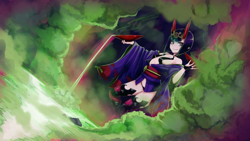 1girl b.d bob_cut breasts cup eyeliner fangs fangs_out fate/grand_order fate_(series) headpiece highres horns japanese_clothes kimono makeup oni oni_horns open_clothes open_kimono pouring purple_hair purple_kimono revealing_clothes sakazuki short_eyebrows short_hair shuten_douji_(fate) skin-covered_horns small_breasts smile solo standing vapors violet_eyes
