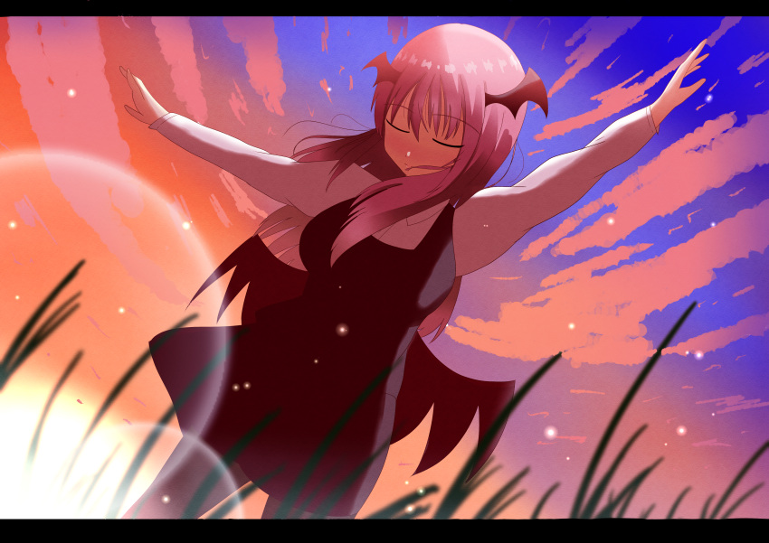 1girl absurdres backlighting bat_wings black_legwear black_skirt black_vest blush breasts closed_eyes closed_mouth clouds collared_shirt commentary_request demon_girl dress_shirt eyebrows_visible_through_hair from_below gradient_sky grass head_wings highres koakuma lens_flare light_particles long_hair long_sleeves looking_down low_wings medium_breasts outstretched_arms pantyhose redhead shirt sidelocks skirt skirt_set sky solo sorabeoekaki spread_arms sunset touhou vest white_shirt wings
