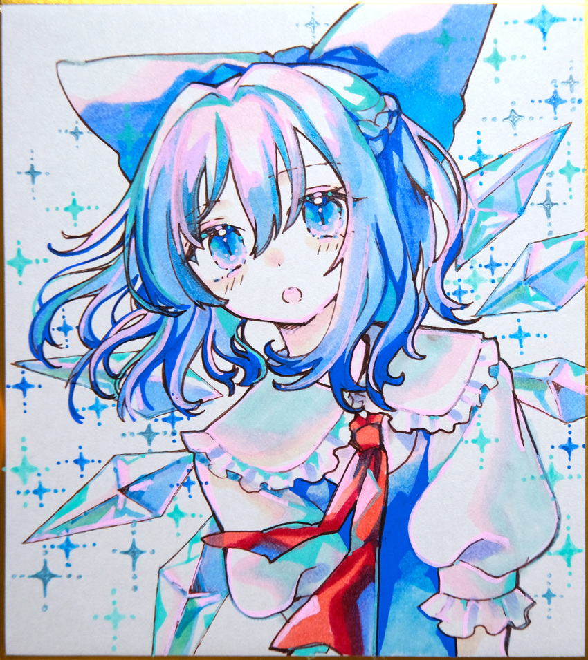 1girl bangs blue_bow blue_dress blue_eyes blue_hair bow cirno collared_shirt dress hair_between_eyes hair_bow highres hinasumire ice ice_wings looking_at_viewer medium_hair neck_ribbon open_mouth pinafore_dress puffy_short_sleeves puffy_sleeves red_ribbon ribbon shirt short_sleeves solo sparkle touhou traditional_media upper_body white_background white_shirt wings