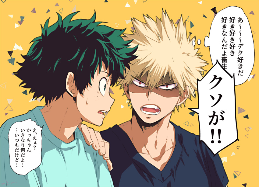 2boys angry bakugou_katsuki blonde_hair blue_shirt boku_no_hero_academia collarbone freckles green_eyes green_hair hand_on_another's_shoulder looking_at_another male_focus midoriya_izuku mkm_(mkm_storage) multiple_boys open_mouth red_eyes shirt speech_bubble spiky_hair sweatdrop t-shirt teeth thought_bubble tongue translation_request yellow_background
