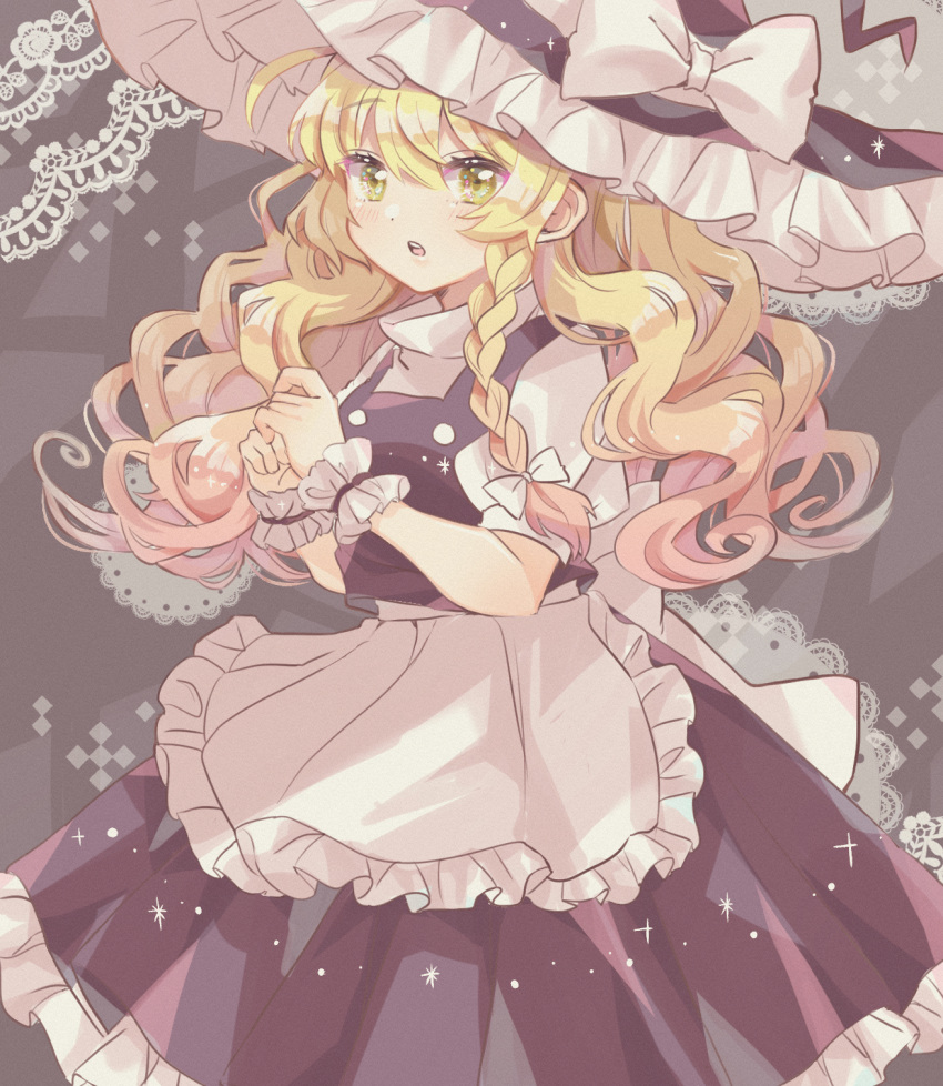 1girl :o apron black_headwear black_skirt black_vest blonde_hair blush bow braid commentary cowboy_shot dot_nose eyebrows_visible_through_hair frilled_skirt frills green_eyes hair_bow hands_up hat hat_bow highres kirisame_marisa long_hair looking_at_viewer open_mouth own_hands_together puffy_short_sleeves puffy_sleeves shirt short_sleeves single_braid skirt skirt_set solo spring_666 teeth touhou upper_teeth vest waist_apron wavy_hair white_apron white_bow white_shirt witch_hat wrist_cuffs