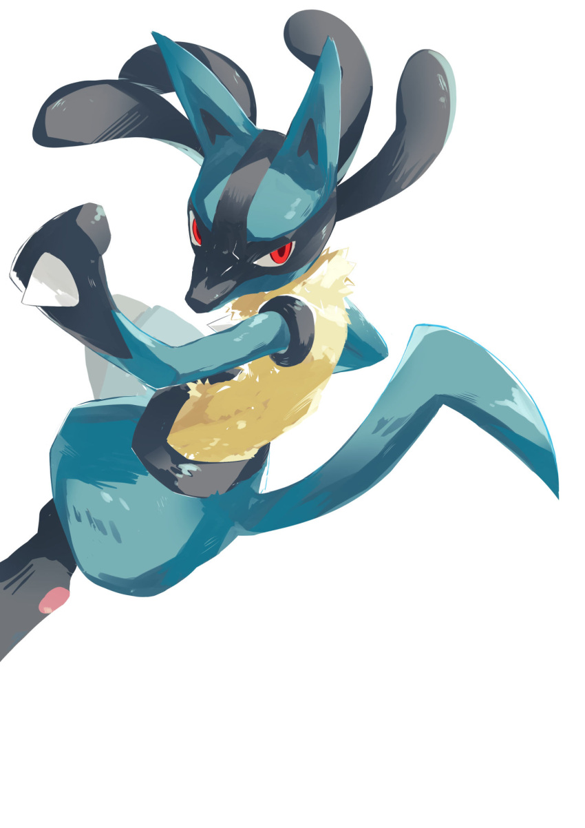 commentary_request floating_hair furry hand_up highres looking_back lucario pokemon pokemon_(creature) red_eyes simple_background solo spikes yellow_fur yohki