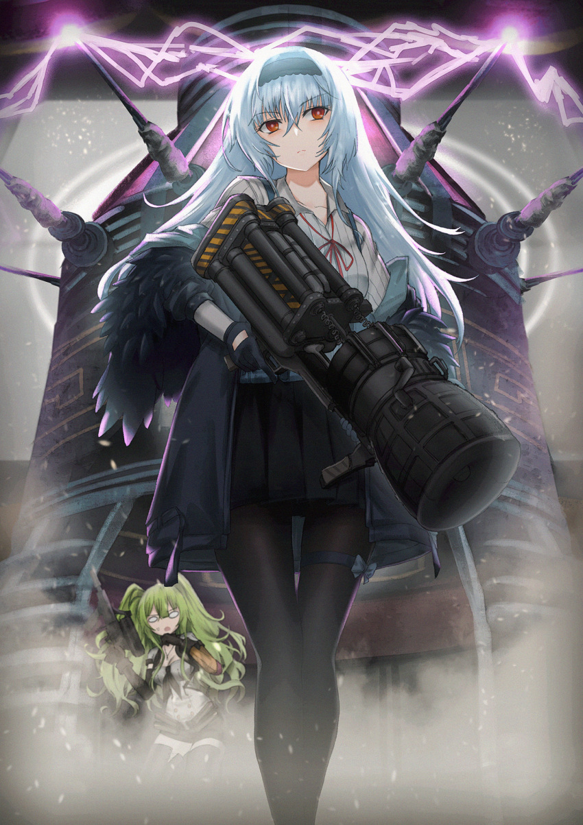 2girls black_gloves black_hairband black_legwear black_skirt calico_m950 call_of_duty:_black_ops feather-trimmed_jacket girls_frontline gloves green_hair gun hairband highres holding holding_gun holding_weapon long_hair long_sleeves m950a_(girls'_frontline) messy_hair miniskirt multiple_girls pantyhose persocon93 pleated_skirt red_eyes shirt silver_hair skirt thunder_(girls'_frontline) two_side_up very_long_hair weapon white_shirt