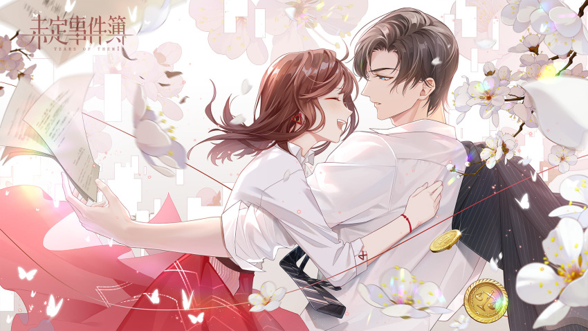 1boy 1girl :d artem_wing_(tears_of_themis) bangs black_jacket black_necktie blue_eyes brown_hair closed_eyes closed_mouth coin earrings flower formal highres jacket jewelry long_hair long_sleeves necktie official_art open_mouth paper polo_shirt red_skirt rosa_(tears_of_themis) rose shirt short_hair skirt sleeves_rolled_up smile tears_of_themis white_flower white_rose white_shirt