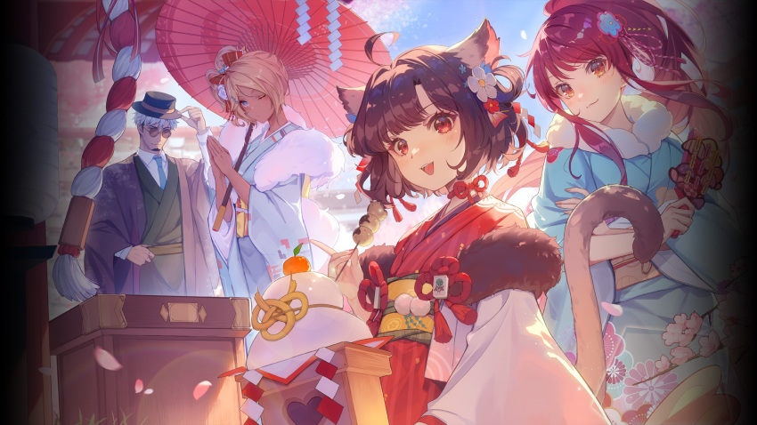 1boy 3girls ahoge animal_ears bangs beard black_hair blonde_hair blue_eyes blue_kimono blue_necktie blush breasts brown_hair cat_ears cat_tail cherry_blossoms closed_mouth collared_shirt commentary day eyebrows_visible_through_hair facial_hair flower food fujimoto_kirara fur-trimmed_kimono fur_trim glasses hair_flower hair_ornament hand_on_headwear hat highres holding holding_food ichihime index_finger_raised japanese_clothes joseph_(mahjong_soul) kimono kujou_riu long_hair long_sleeves looking_at_viewer mahjong mahjong_soul mahjong_tile multiple_girls necktie obi official_art oil-paper_umbrella one_eye_closed open_mouth orange_eyes outdoors palms_together pink_flower ponytail purple_hair red_eyes red_kimono red_rope rope sash shirt short_hair shrine skewer small_breasts smile sunlight swept_bangs tail umbrella vhumiku white_hair white_shirt wide_sleeves yostar