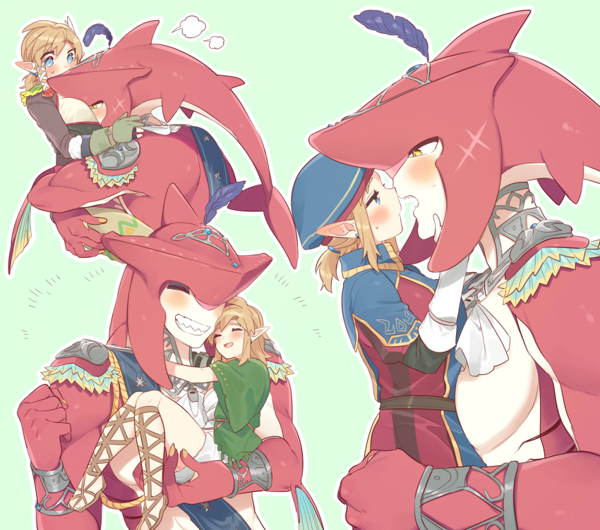1boy 1girl bangs blonde_hair blush breasts colored_skin eyebrows_visible_through_hair fish_boy from_side genderswap genderswap_(mtf) grey_background grin hair_ribbon happy hetero highres hug large_breasts link looking_at_another multiple_views open_mouth ponytail red_skin ribbon royal_guard_set_(zelda) shiny shiny_hair sidon simple_background smile snowquill_set_(zelda) teeth the_legend_of_zelda the_legend_of_zelda:_breath_of_the_wild tress_ribbon ttanuu. wide_sleeves zora