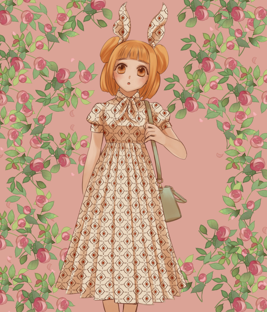 1girl :o alternate_costume arm_at_side bag bangs blonde_hair blunt_bangs blush casual clip_studio_paint_(medium) commentary contemporary double_bun dress feet_out_of_frame flower green_bag hair_ribbon handbag highres holding_strap joutouguu_mayumi leaf looking_at_viewer open_mouth patterned_clothing pink_background pink_flower reika_winter ribbon solo standing touhou white_dress white_ribbon yellow_eyes
