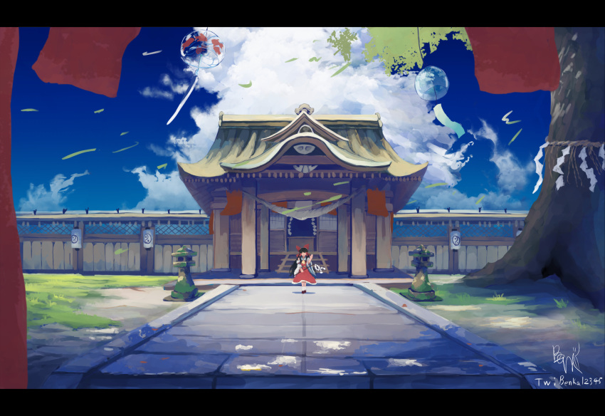 1girl architecture black_hair bow box building clouds commentary day donation_box east_asian_architecture gohei grass hair_bow hakurei_reimu highres holding lantern leaf letterboxed long_hair megami_benka no_eyes onbashira paper_lantern pavement red_bow red_skirt red_vest scenery shide shrine signature skirt skirt_set sky smile solo standing stone_lantern touhou tree twitter_username vest wall wind_chime