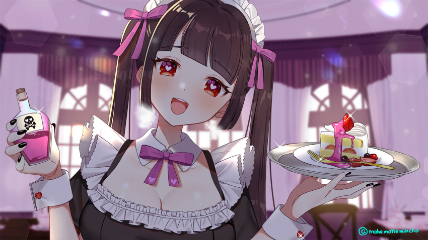 1girl apron black_hair blush breasts cake cake_slice character_request food fork head_tilt indie_virtual_youtuber looking_at_viewer maid maid_apron maid_headdress mohemohemincho poison red_eyes smile solo twintails virtual_youtuber yandere