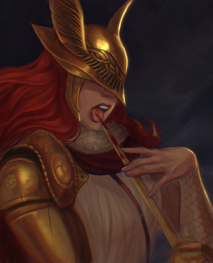 1girl elden_ring facing_viewer helmet highres licking licking_blade licking_blood licking_weapon long_hair malenia_blade_of_miquella mechanical_arms prosthesis prosthetic_arm redhead single_mechanical_arm sleepysolaire solo tongue tongue_out weapon winged_helmet