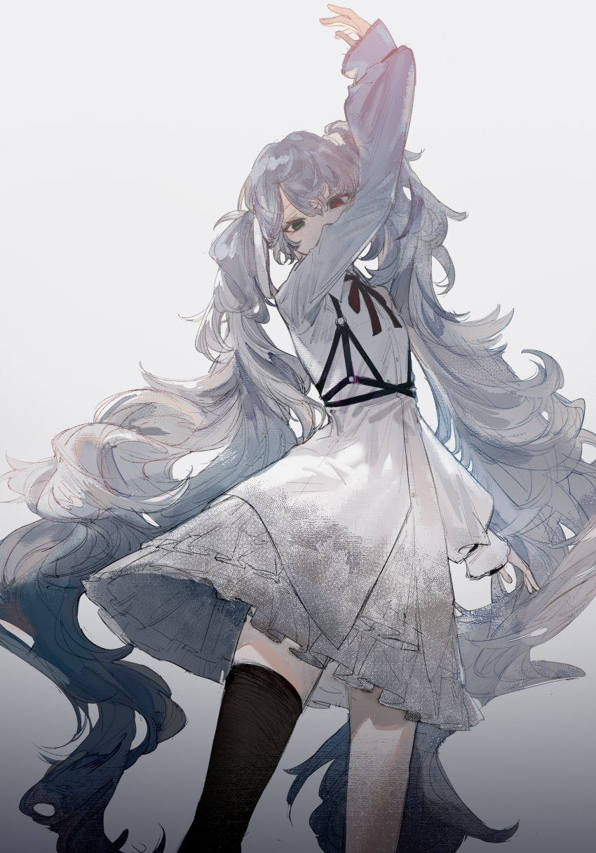 1girl absurdly_long_hair absurdres arms_up bangs black_legwear black_ribbon buttons chinese_commentary commentary_request covered_mouth dress eyebrows_behind_hair feet_out_of_frame frilled_dress frills genzaw gradient gradient_background green_eyes grey_background grey_hair hair_between_eyes hatsune_miku heterochromia highres long_hair looking_at_viewer mixed-language_commentary neck_ribbon o-ring project_sekai red_eyes ribbon single_thighhigh solo standing thigh-highs twintails very_long_hair vocaloid white_dress